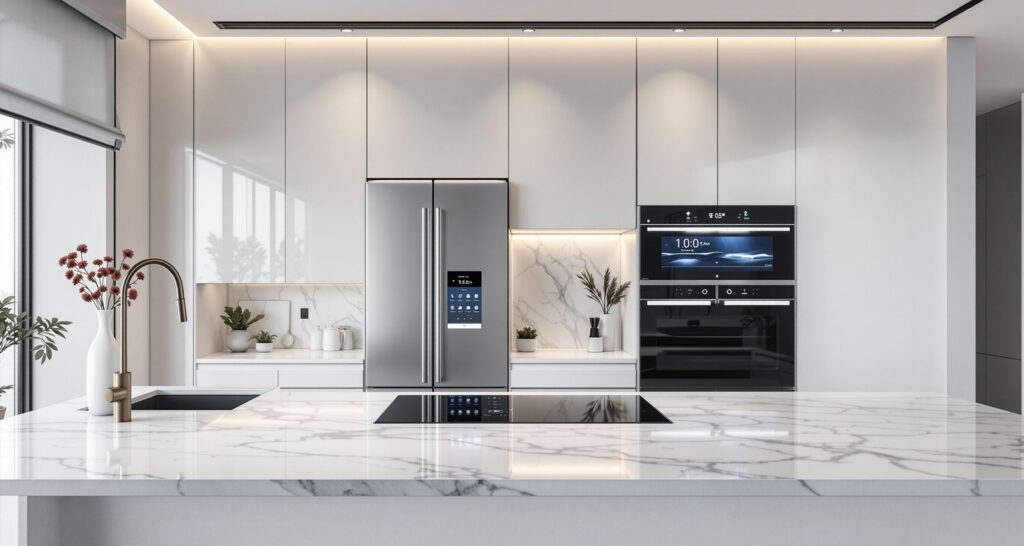 Modern kitchen top view, opened wooden drawers with accessories