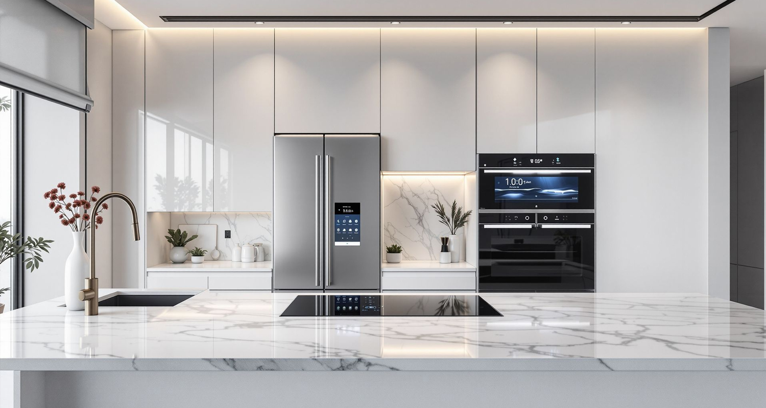Modern kitchen top view, opened wooden drawers with accessories