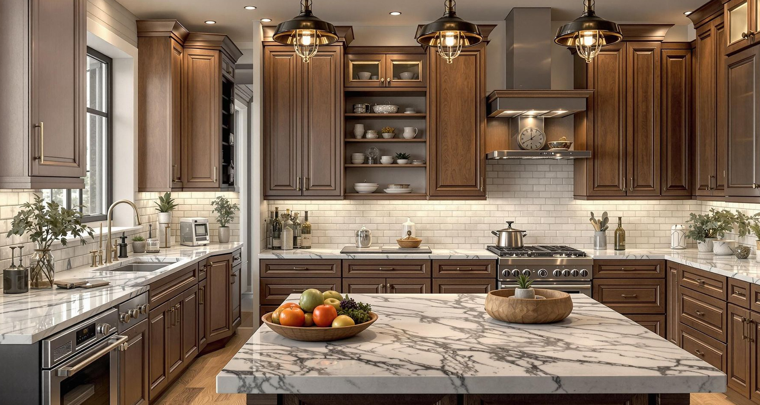 Modern kitchen top view, opened wooden drawers with accessories